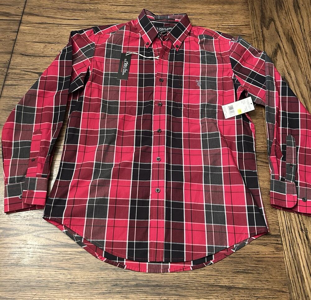U.S.POLO ASSN Shirt Men M Red & Black Plaid Slim Fit Long Sleeve NWT